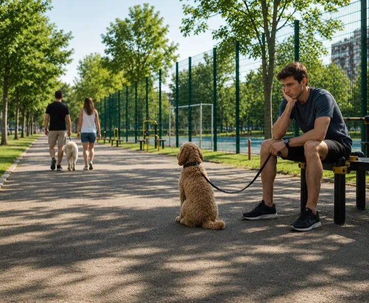 Bored dog sitting by a disengaged owner on a park bench