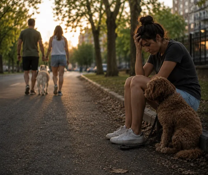 Owner sitting sadly with her dog on a park bench