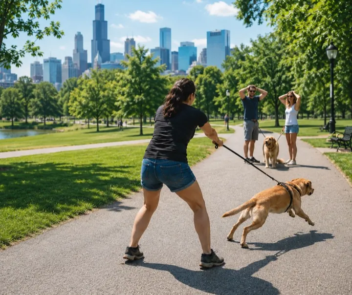 Owner struggling as a dog pulls hard on the leash