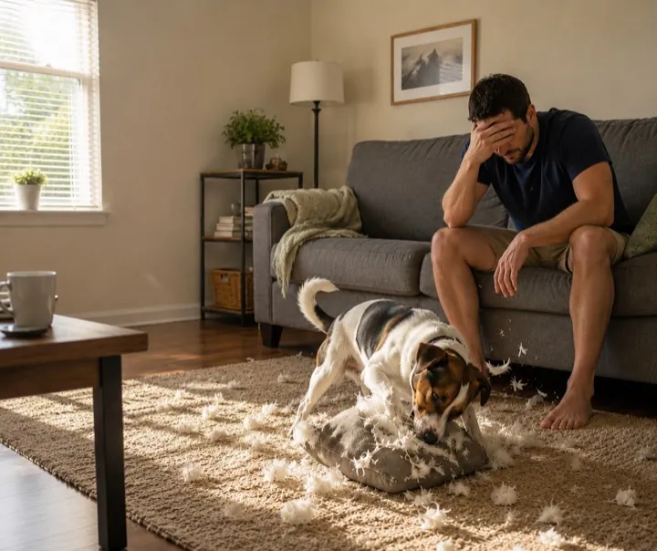 Exhausted owner beside a dog that wrecked the home
